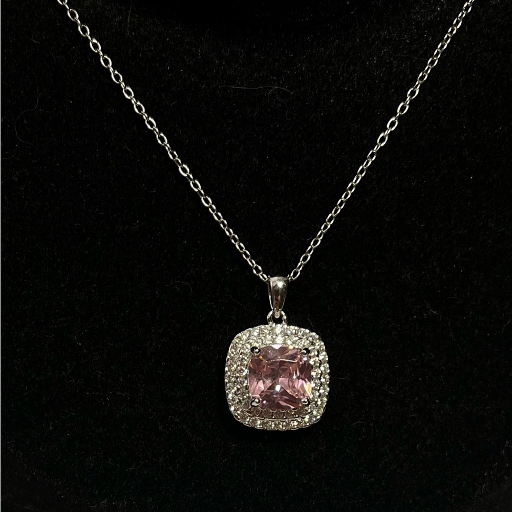 💕Radiant Pink Bella Luce CZ pendant surrounded by clear CZs, with SS chain